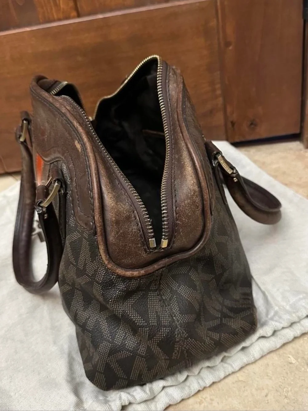 Vintage Michael Kors Brown and Beige MK Logo Satchel Purse with Gold Logo